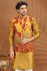 Mustard Yellow Silk Kurta Pajama with Printed Jacket